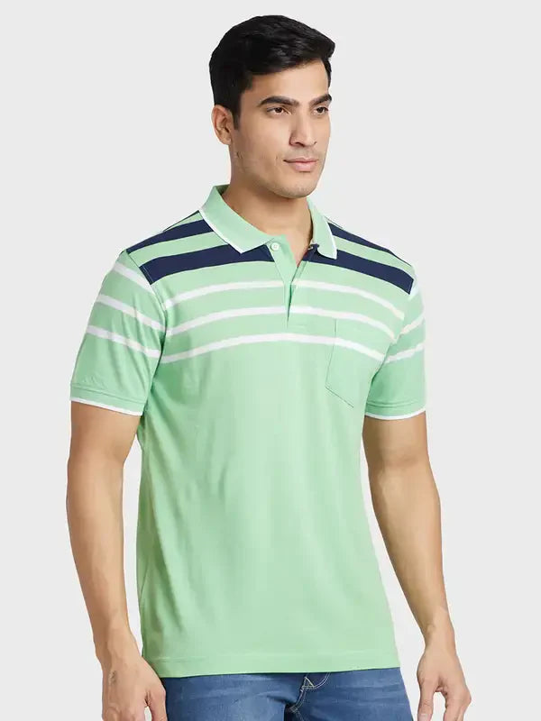 Men Green Tailored Fit Stripe Cotton Half Sleeve T-Shirt