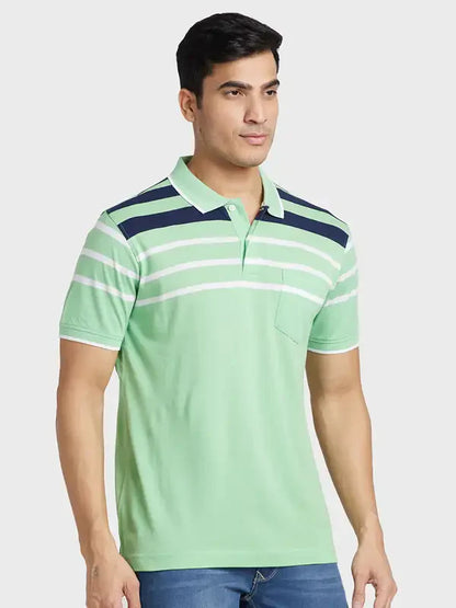 Men Green Tailored Fit Stripe Cotton Half Sleeve T-Shirt