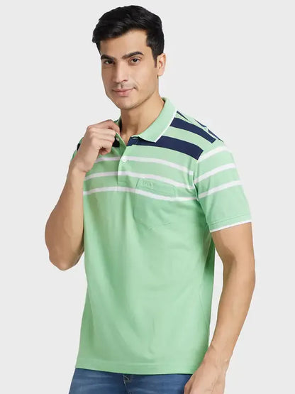 Men Green Tailored Fit Stripe Cotton Half Sleeve T-Shirt
