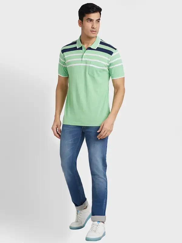 Men Green Tailored Fit Stripe Cotton Half Sleeve T-Shirt