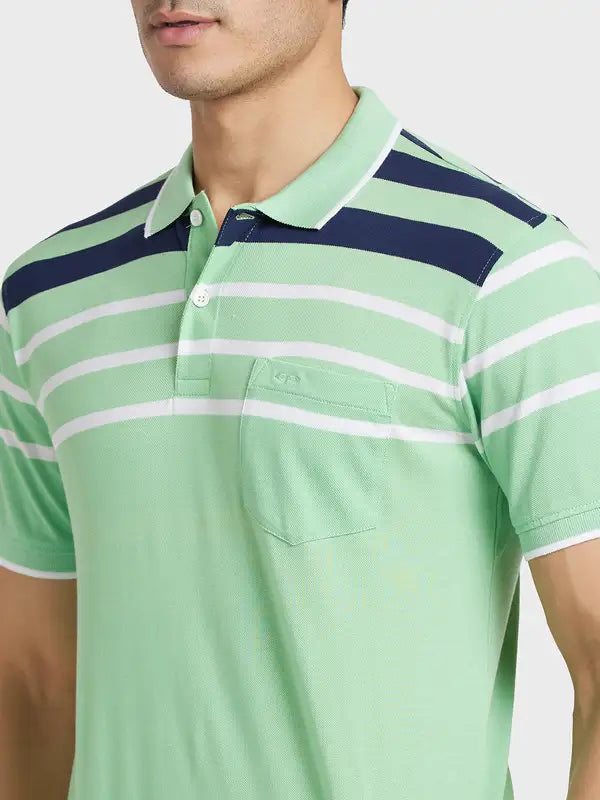 Men Green Tailored Fit Stripe Cotton Half Sleeve T-Shirt