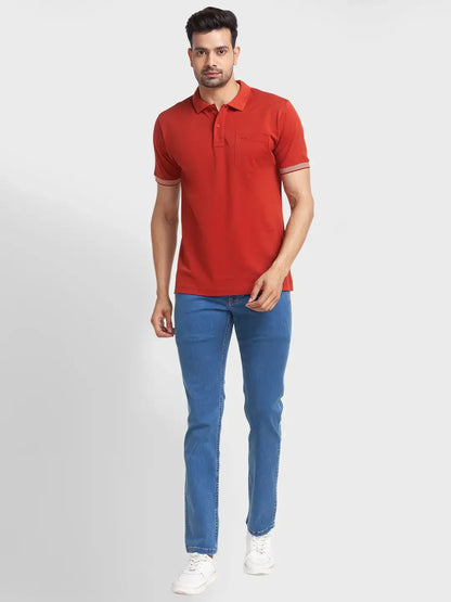 Men Orange Tailored Fit Solid Cotton Half Sleeve T-Shirt