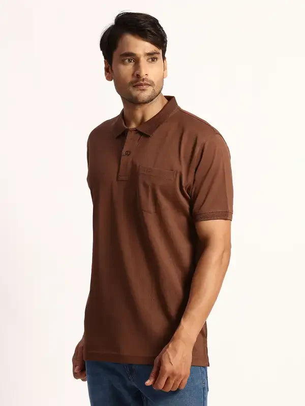 Men Brown Tailored Fit Solid Cotton Half Sleeve T-Shirt