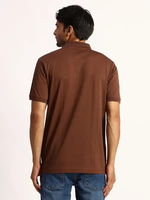 Men Brown Tailored Fit Solid Cotton Half Sleeve T-Shirt