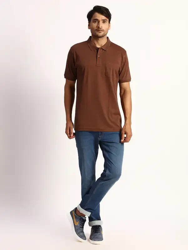 Men Brown Tailored Fit Solid Cotton Half Sleeve T-Shirt