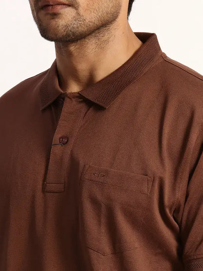 Men Brown Tailored Fit Solid Cotton Half Sleeve T-Shirt
