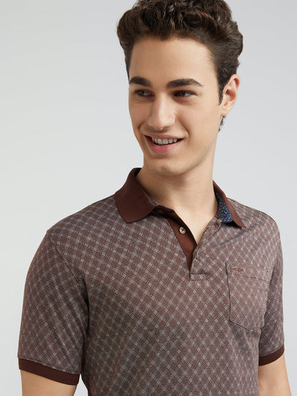 Colorplus Brown Jacquard Regular Fit Cotton T-Shirt