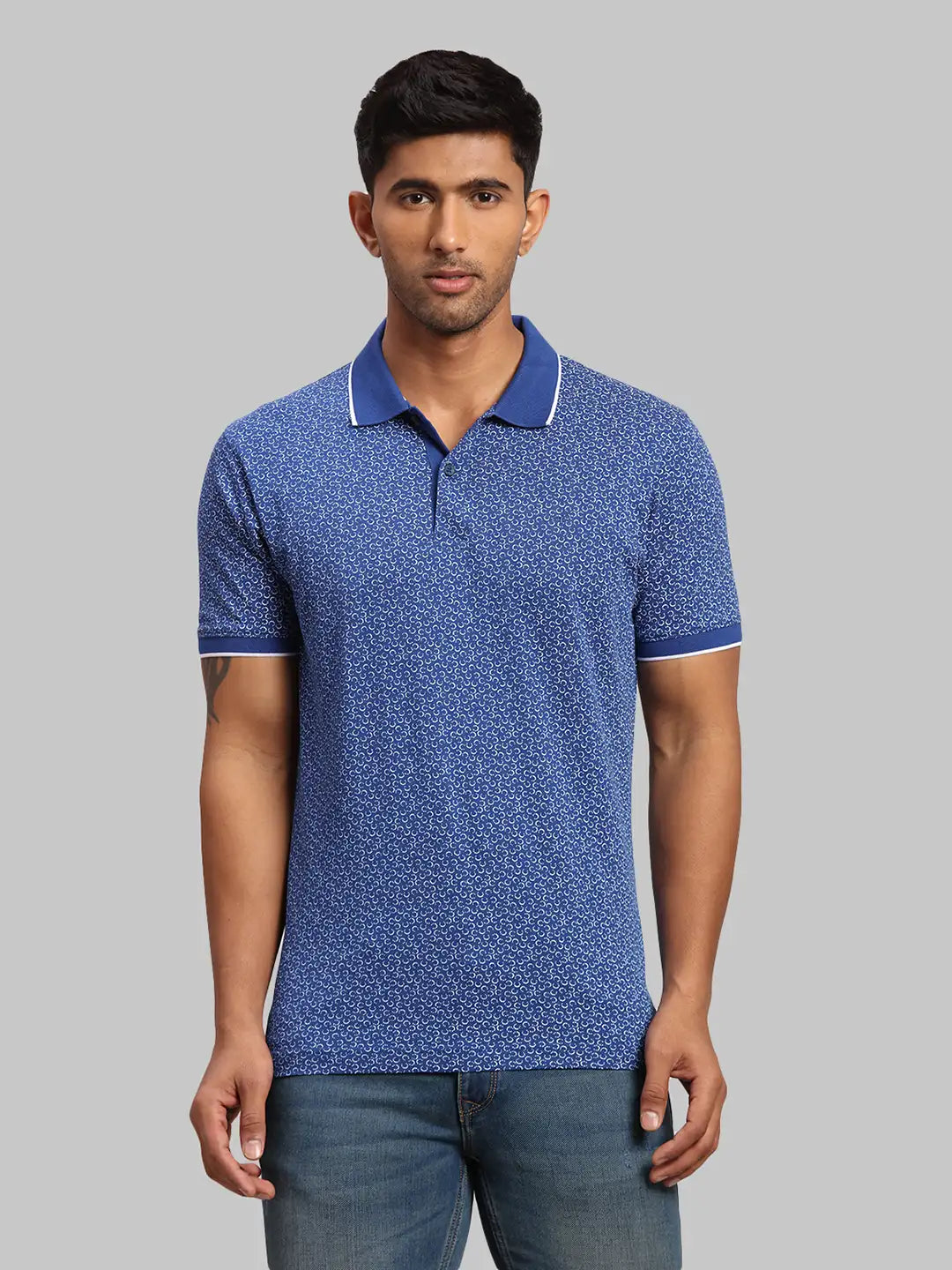Men Navy Tailored Fit Print Cotton Half Sleeve T-Shirt