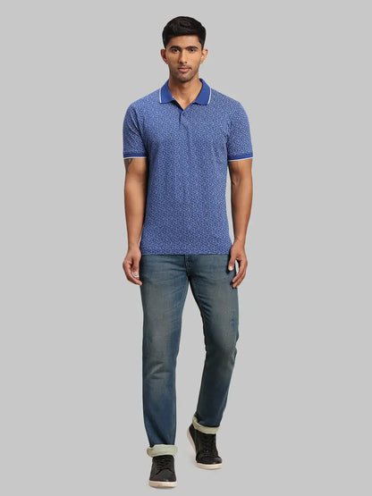 Men Navy Tailored Fit Print Cotton Half Sleeve T-Shirt