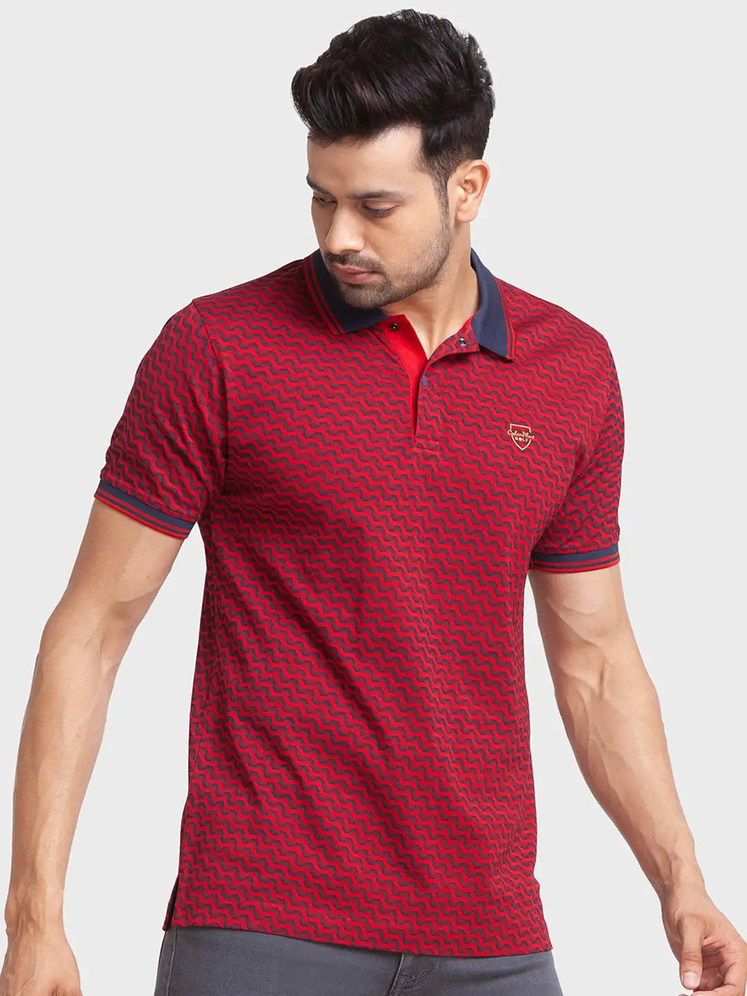 Men Red Tailored Fit Print Cotton Half Sleeve T-Shirt