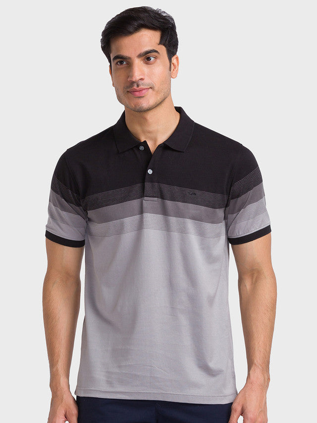 Colorplus Men Black Woven Design Tailored Fit Half Sleeve Polo Neck T-Shirt