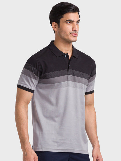 Colorplus Men Black Woven Design Tailored Fit Half Sleeve Polo Neck T-Shirt