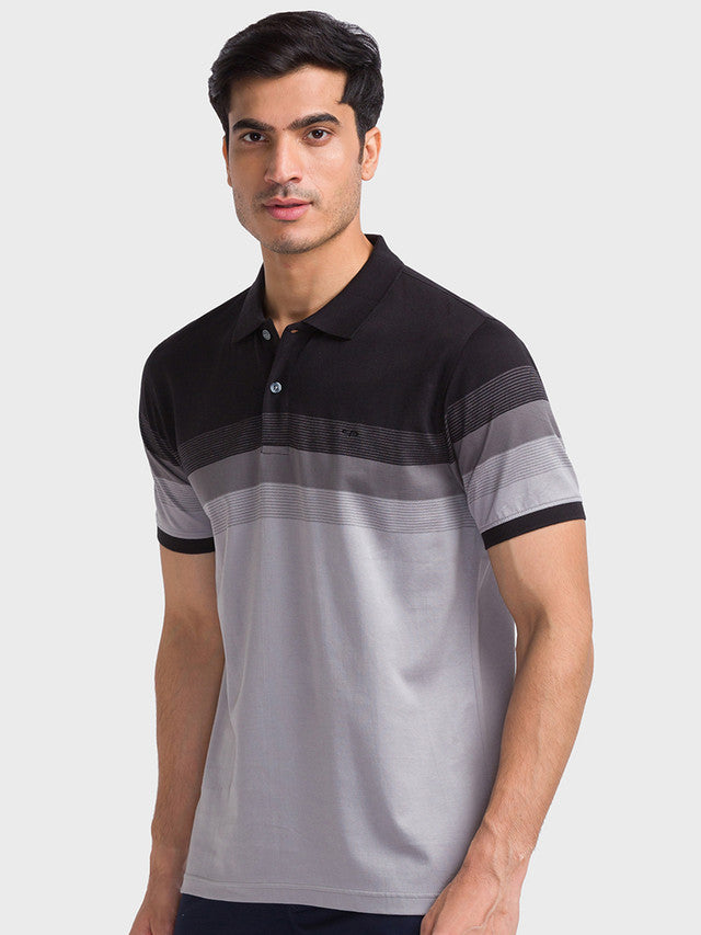 Colorplus Men Black Woven Design Tailored Fit Half Sleeve Polo Neck T-Shirt