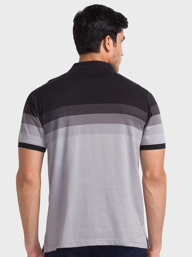 Colorplus Men Black Woven Design Tailored Fit Half Sleeve Polo Neck T-Shirt