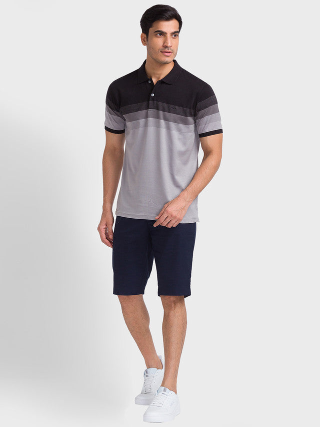 Colorplus Men Black Woven Design Tailored Fit Half Sleeve Polo Neck T-Shirt