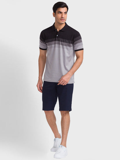 Colorplus Men Black Woven Design Tailored Fit Half Sleeve Polo Neck T-Shirt