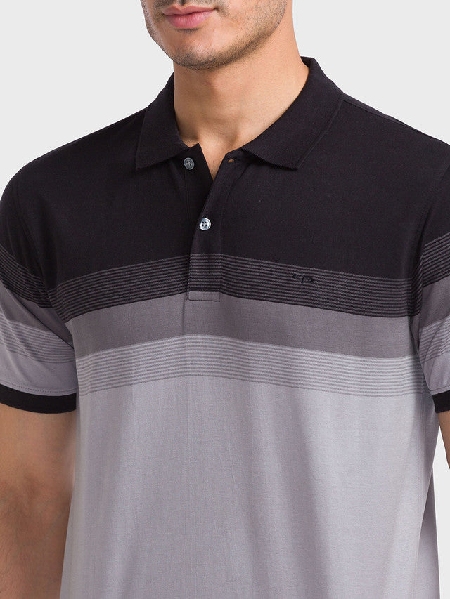 Colorplus Men Black Woven Design Tailored Fit Half Sleeve Polo Neck T-Shirt
