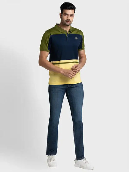 Men Green Tailored Fit Stripe Engineered Cotton Half Sleeve T-Shirt