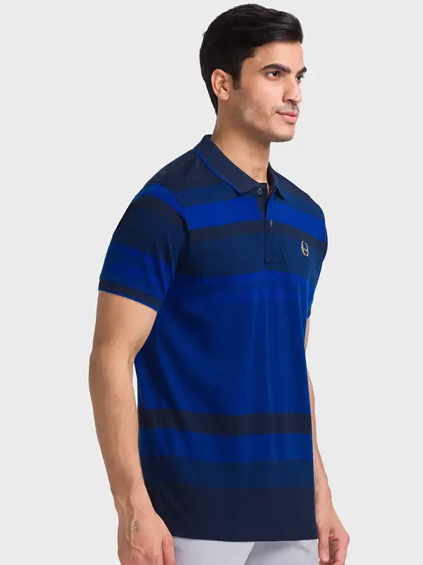 Men Blue Tailored Fit Jacquard Cotton Half Sleeve T-Shirt