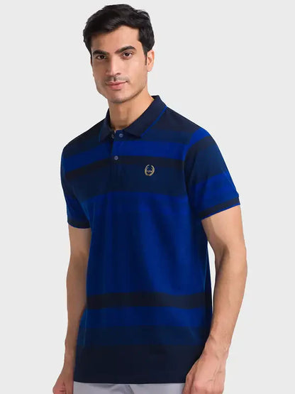 Men Blue Tailored Fit Jacquard Cotton Half Sleeve T-Shirt