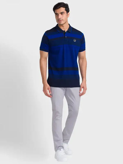 Men Blue Tailored Fit Jacquard Cotton Half Sleeve T-Shirt