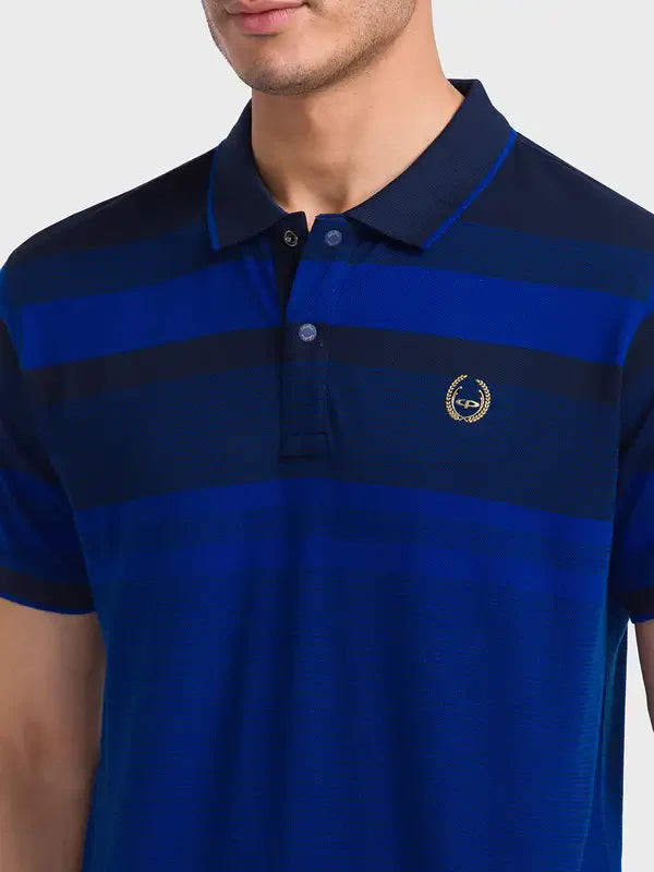 Men Blue Tailored Fit Jacquard Cotton Half Sleeve T-Shirt