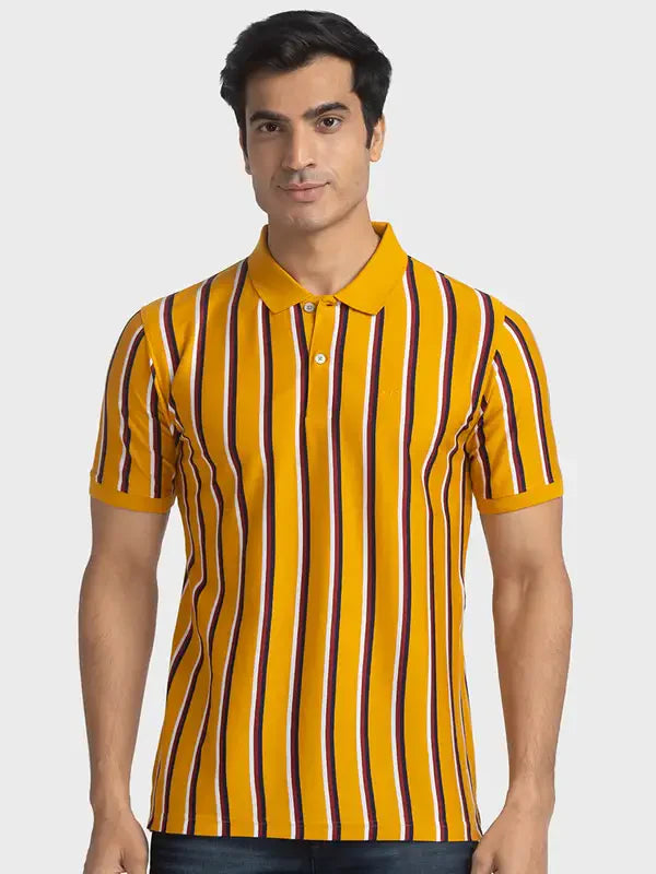 Men Yellow Tailored Fit Stripe Cotton Half Sleeve T-Shirt