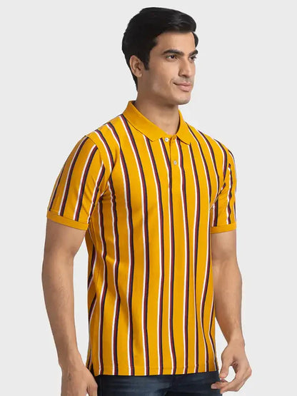 Men Yellow Tailored Fit Stripe Cotton Half Sleeve T-Shirt