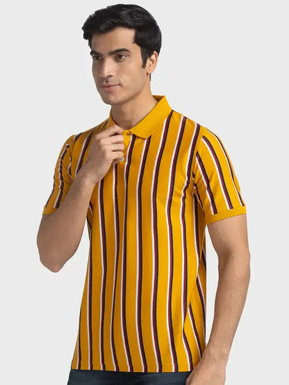 Men Yellow Tailored Fit Stripe Cotton Half Sleeve T-Shirt