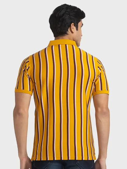 Men Yellow Tailored Fit Stripe Cotton Half Sleeve T-Shirt