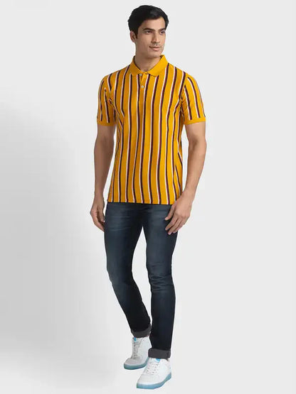 Men Yellow Tailored Fit Stripe Cotton Half Sleeve T-Shirt