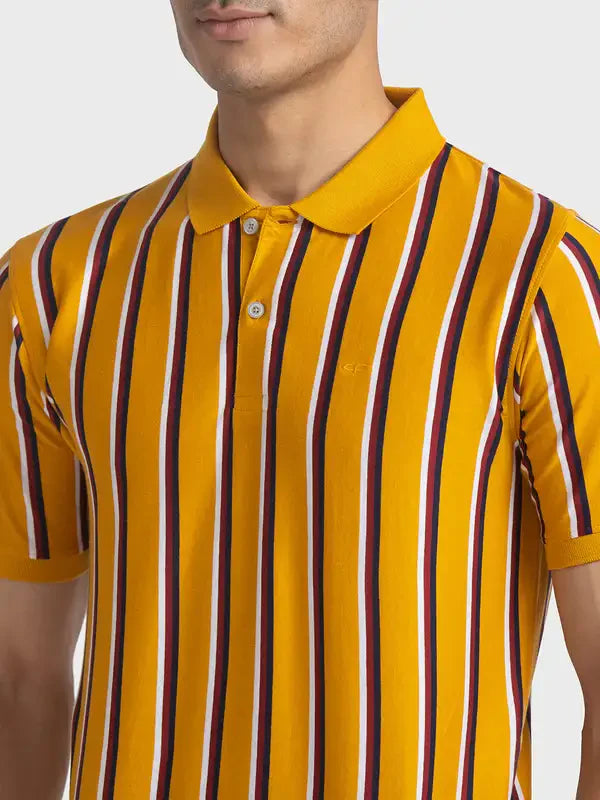 Men Yellow Tailored Fit Stripe Cotton Half Sleeve T-Shirt