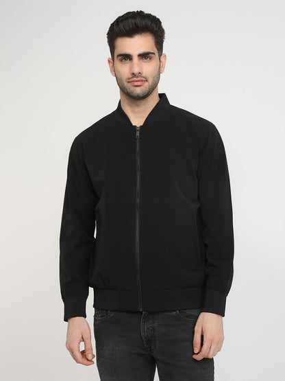 Colorplus Men Black Solid Regular Fit Nylon Blend Full Sleeve Jacket