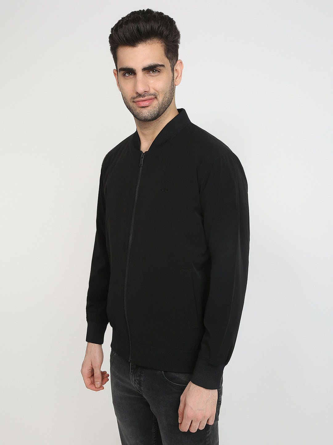 Colorplus Men Black Solid Regular Fit Nylon Blend Full Sleeve Jacket