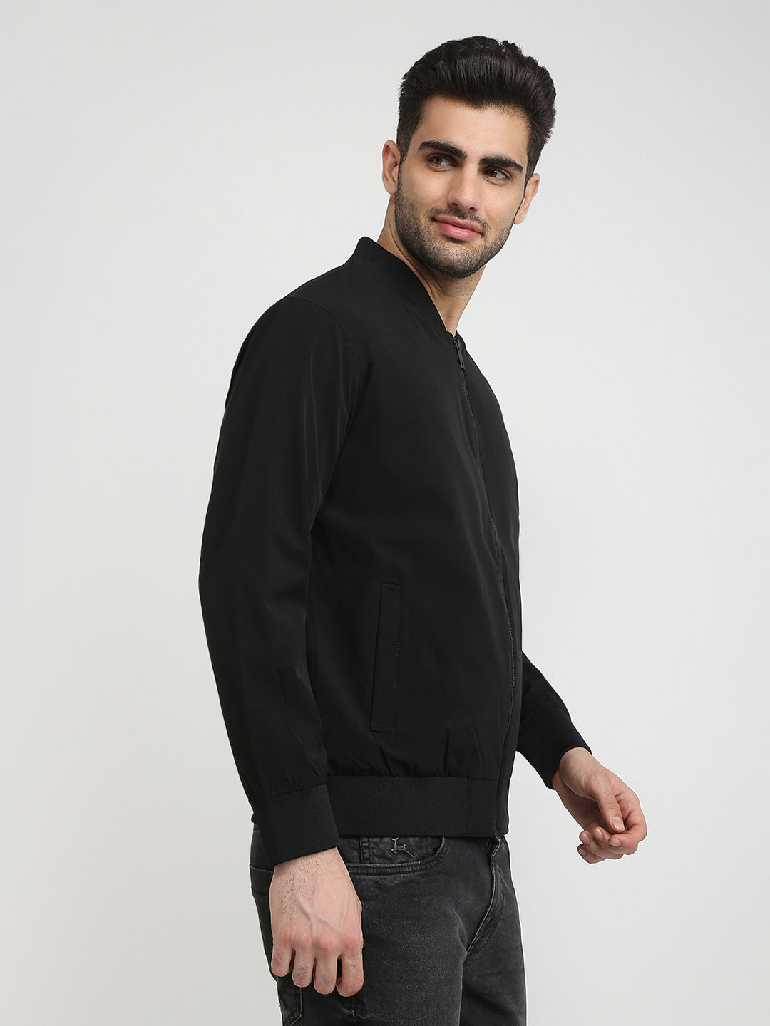 Colorplus Men Black Solid Regular Fit Nylon Blend Full Sleeve Jacket