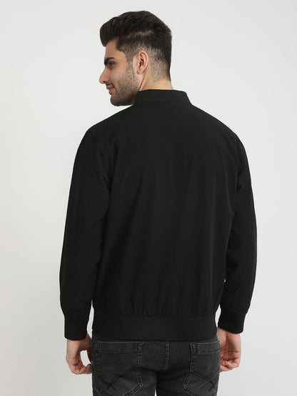 Colorplus Men Black Solid Regular Fit Nylon Blend Full Sleeve Jacket