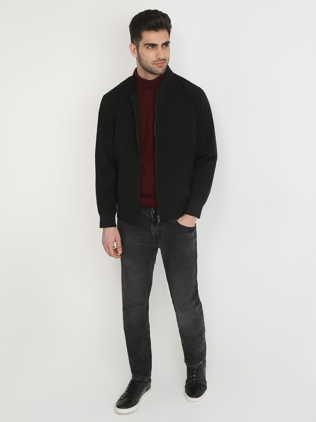 Colorplus Men Black Solid Regular Fit Nylon Blend Full Sleeve Jacket