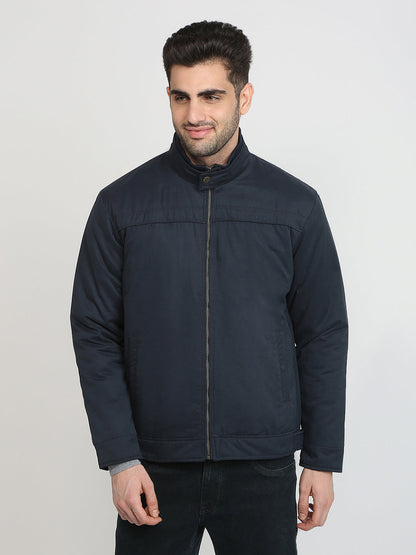 Colorplus Men Blue Solid Regular Fit Pollyester Blend Full Sleeve Jacket