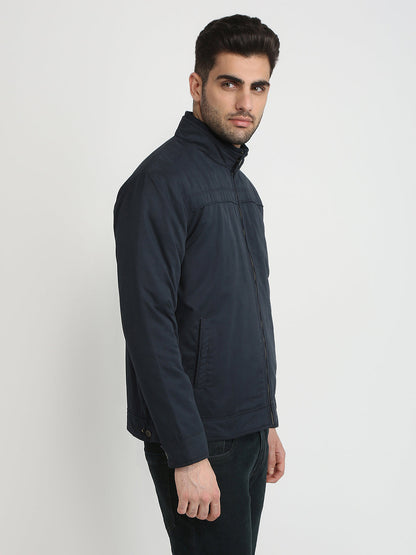 Colorplus Men Blue Solid Regular Fit Pollyester Blend Full Sleeve Jacket