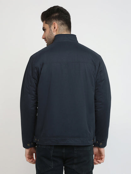 Colorplus Men Blue Solid Regular Fit Pollyester Blend Full Sleeve Jacket