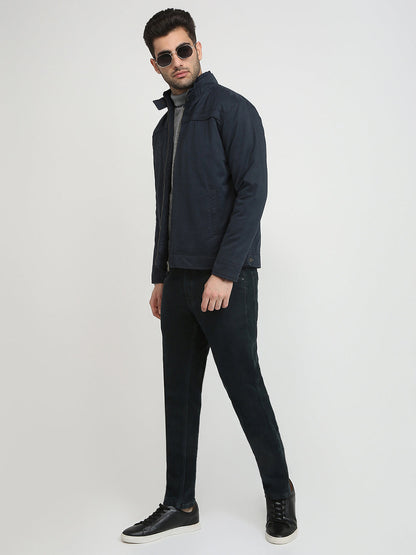Colorplus Men Blue Solid Regular Fit Pollyester Blend Full Sleeve Jacket