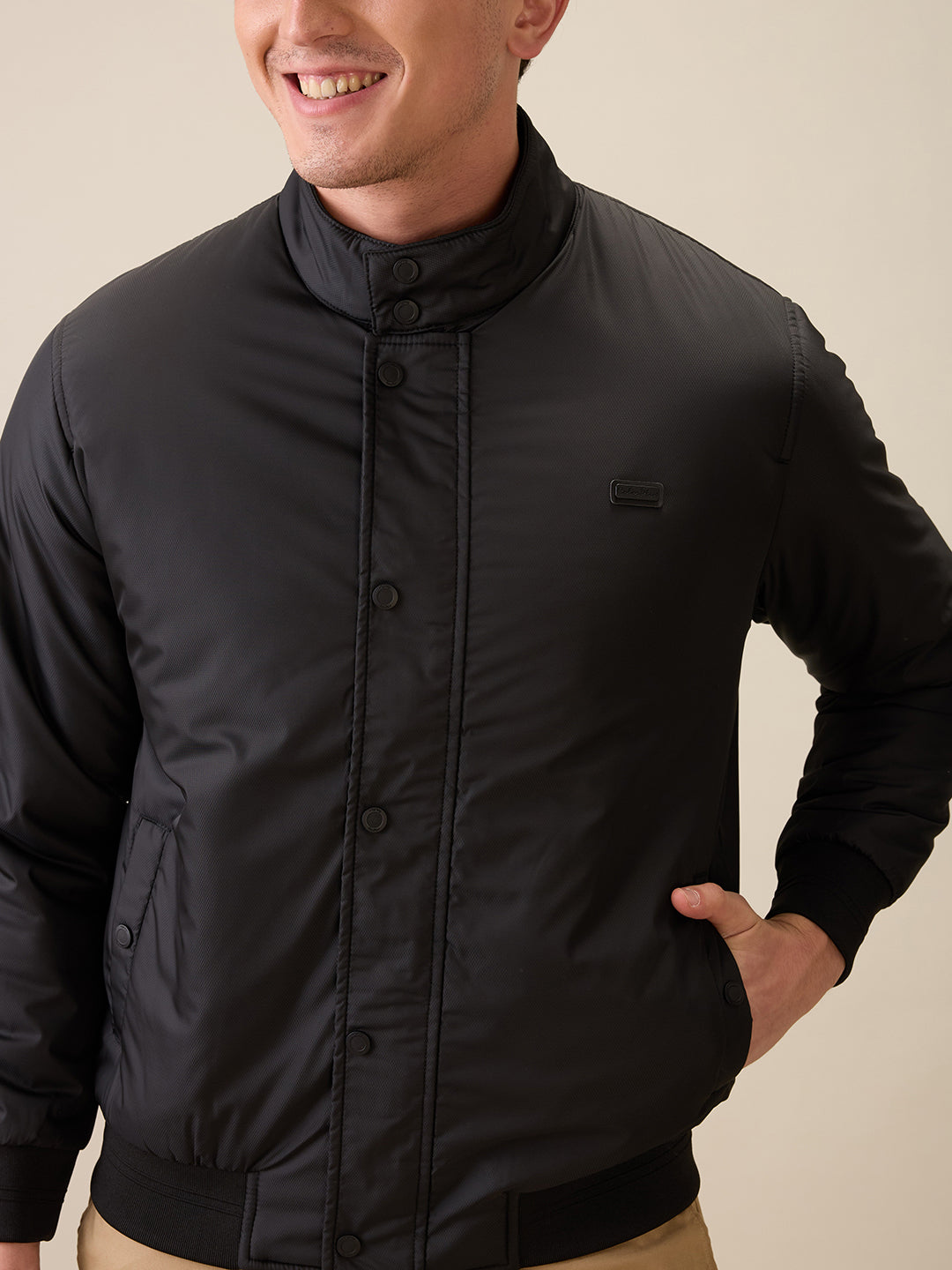 Colorplus Men Black Solid Regular Fit Polyester Full Sleeve Jacket