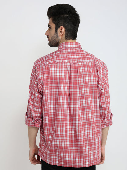 Colorplus Men Red Checks Comfort Fit Cotton Full Sleeve Casual Shirt