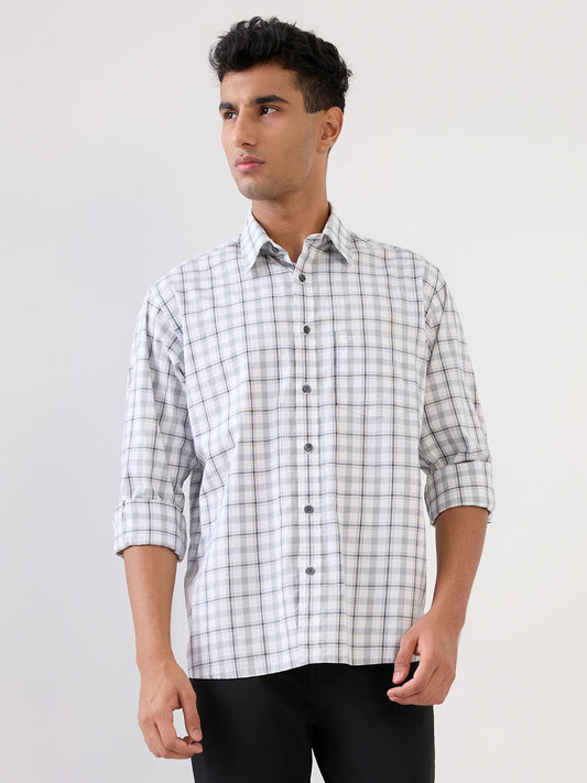 Colorplus Men White Checks Comfort Fit Cotton Full Sleeve Casual Shirt