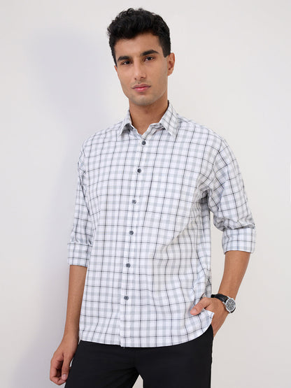 Colorplus Men White Checks Comfort Fit Cotton Full Sleeve Casual Shirt