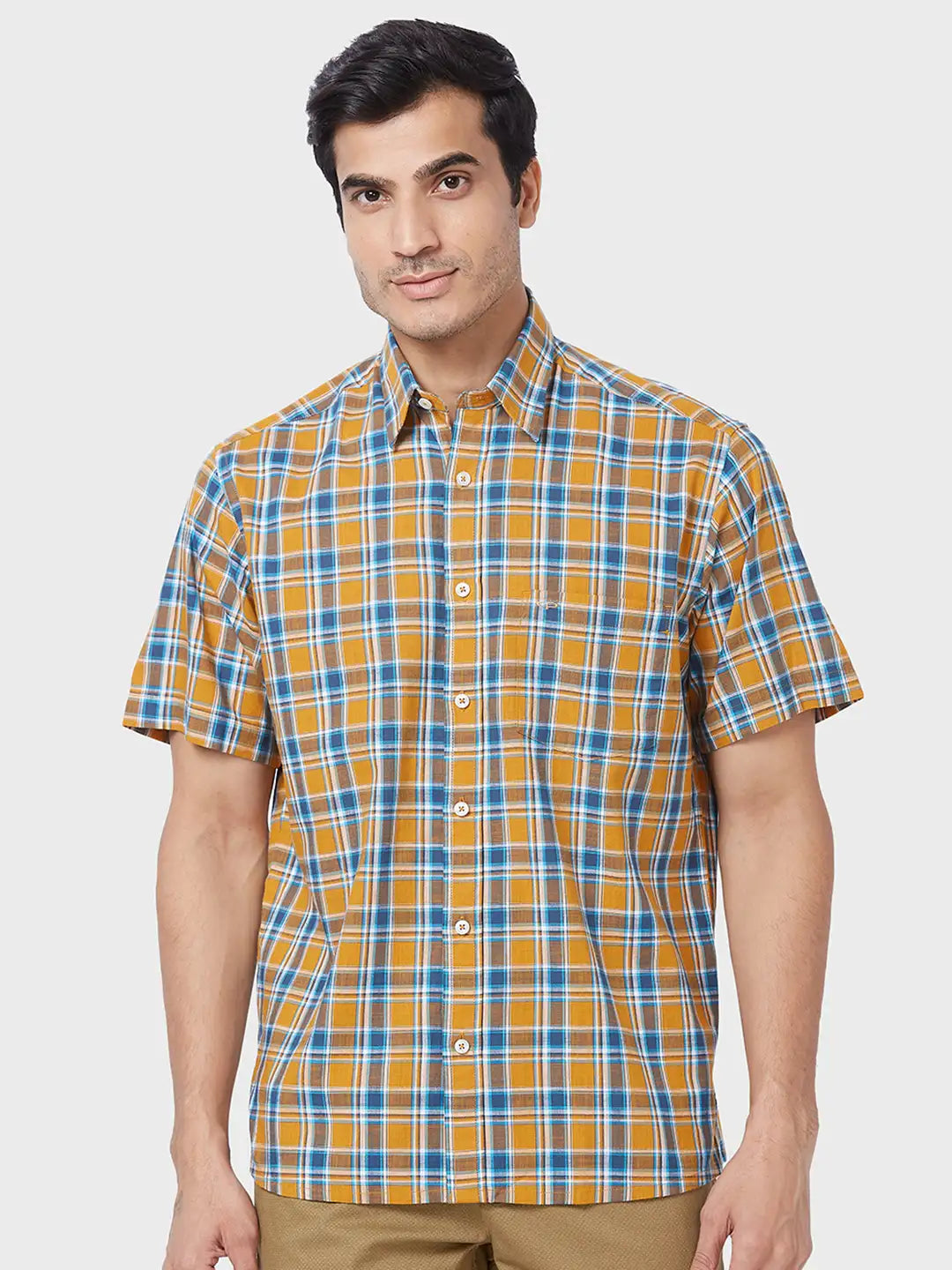 Men Yellow Classic Fit Checks Cotton Half Sleeve Shirts