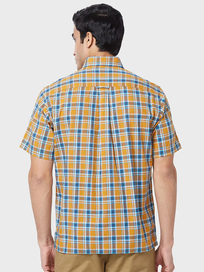 Men Yellow Classic Fit Checks Cotton Half Sleeve Shirts