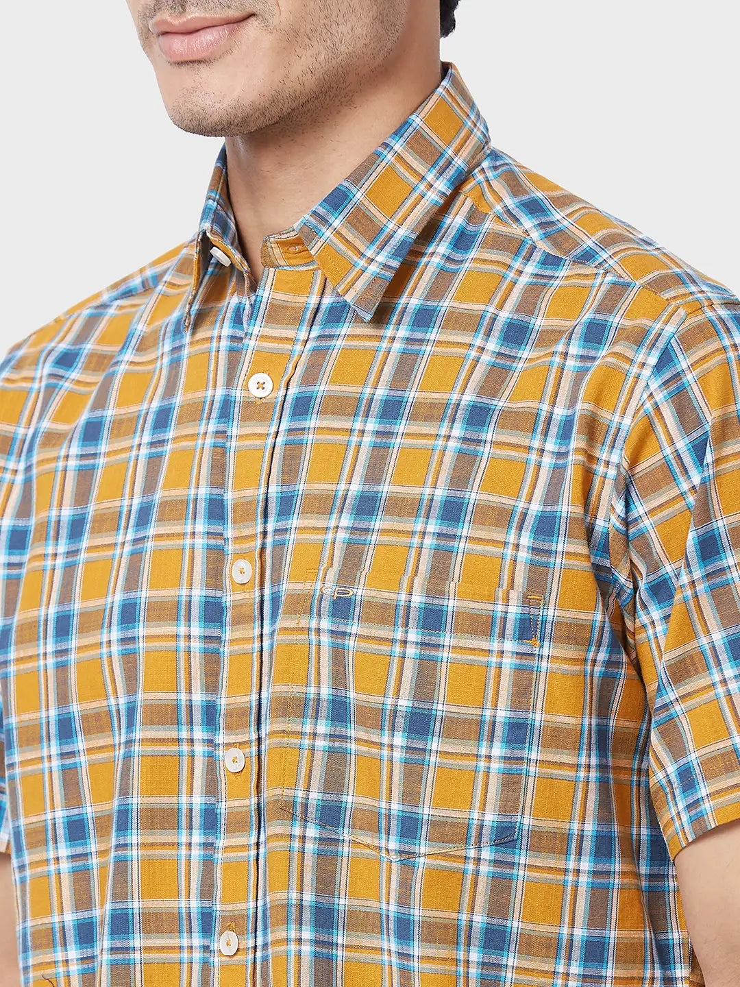 Men Yellow Classic Fit Checks Cotton Half Sleeve Shirts