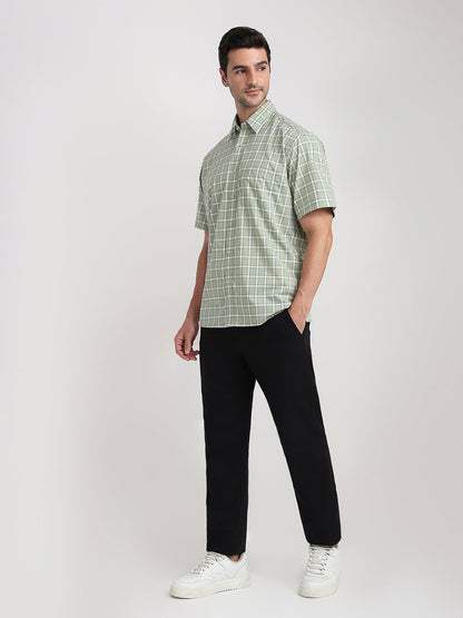 Colorplus Men Green Checks Comfort Fit Cotton Half Sleeve Casual Shirt