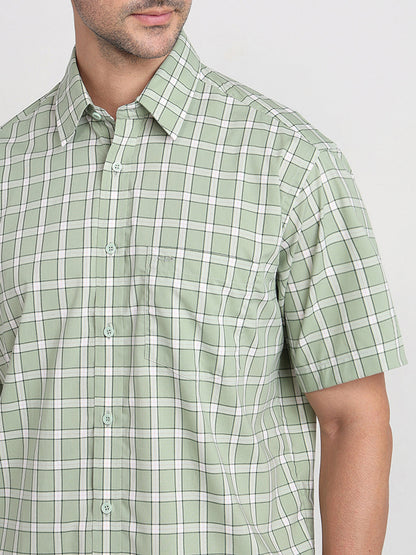 Colorplus Men Green Checks Comfort Fit Cotton Half Sleeve Casual Shirt